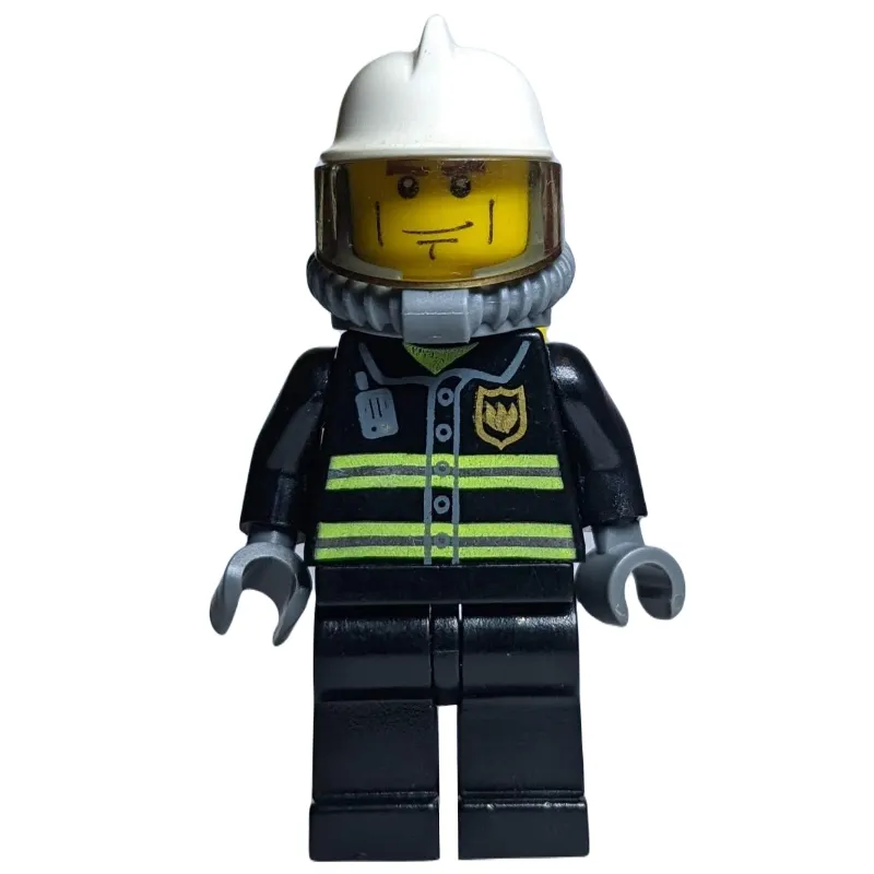 Fireman, Black Fire Jacket with Reflective Stripes, Radio, and Badge, White Helmet, Breathing Apparatus, Airtanks, Cheek Lines