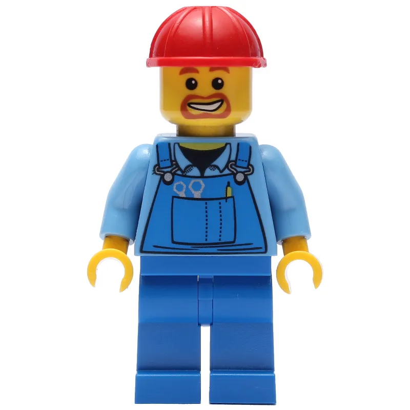 Construction Worker, Blue Overalls over Medium Blue Shirt, Red Hard Hat, Goatee Beard