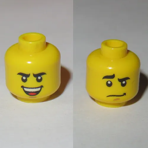 Minifig Head Soldier, Curved Eyebrows, Brown Chin Dimple, Laughing / Worried Print