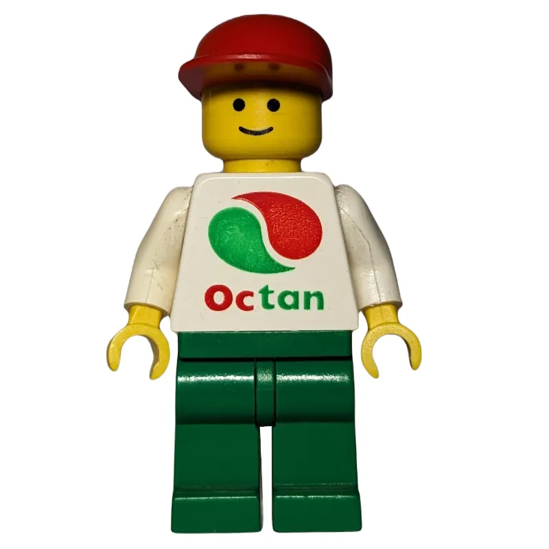 Man, White Top with Large Octan Logo, Green Legs, Red Cap