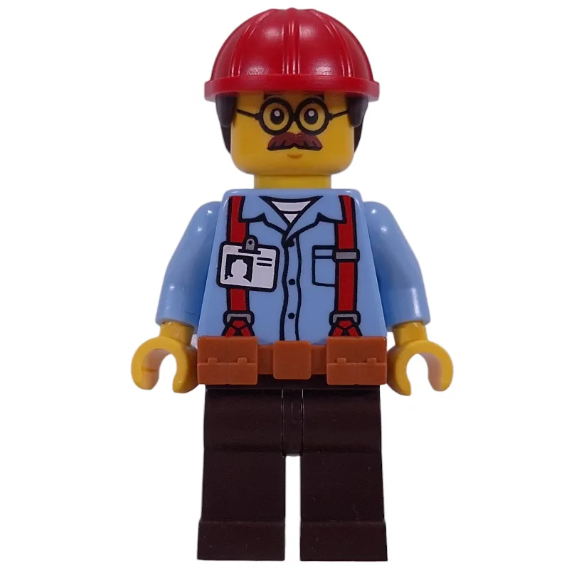 Construction Worker, Ted Brickle, Bright Light Blue Shirt, Reddish Brown Legs, Dark Orange Belt, Red Helmet