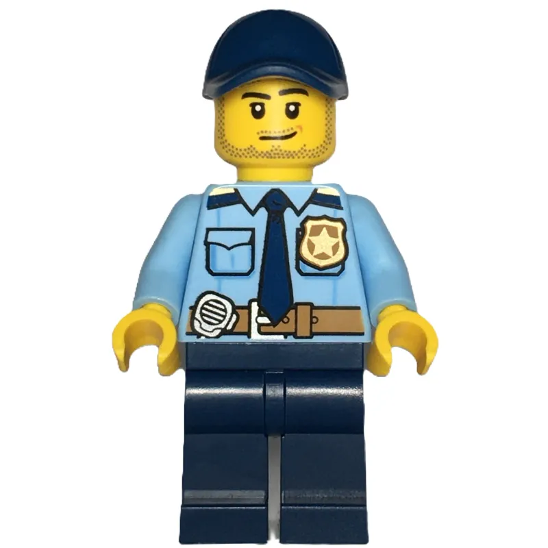 Policeman, Bright Light BLue Shirt, Dark Blue Legs and Cap, Stubble