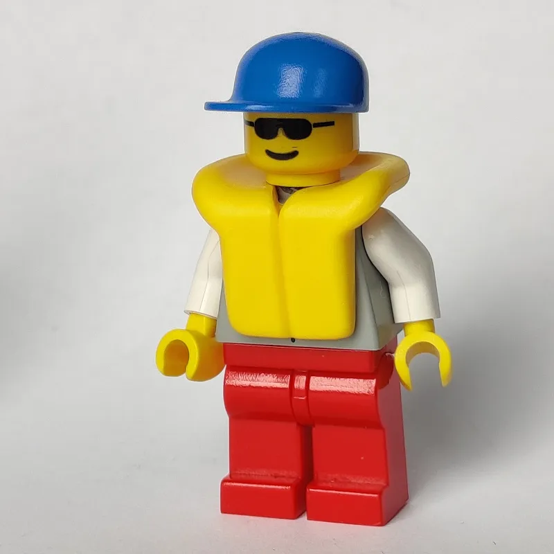 Light Grey Jacket, Red Legs, Blue Cap, Sunglasses