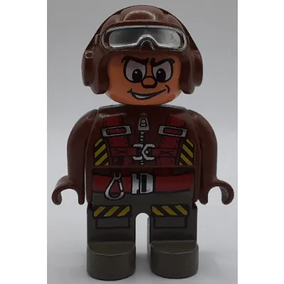 Duplo Figure, Early, Aviator Hat Brown with Silver Goggles, Dark Gray Legs, Jumpsuit with Zipper, Red Parachute Straps, Yellow And Black Hazard Stripes Print
