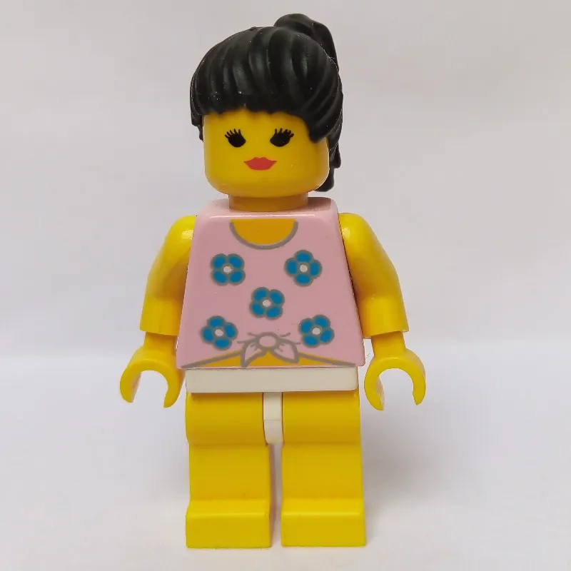 Woman, Tied Pink Tank Top with Flowers, Yellow Legs, Black Hair