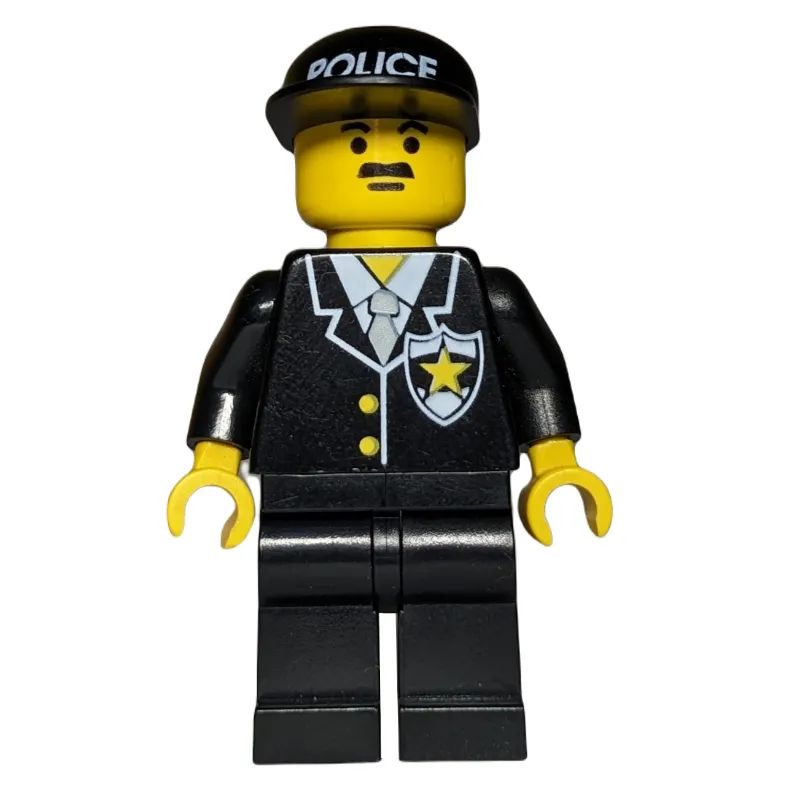 Policeman, Black Suit with Tie and Badge, Black Cap with 'POLICE', Moustache