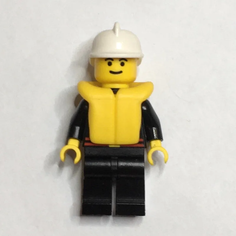 Fireman, Black Fire Jacket with Red Belt and Badge, White Helmet, Yellow Life Vest