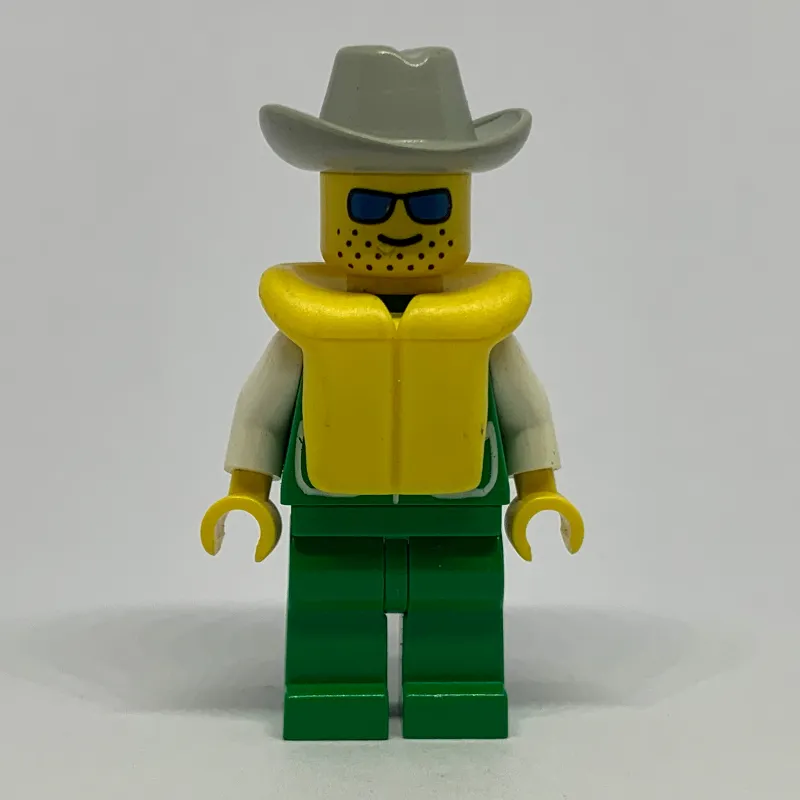Man, Green Jacket, Green Legs, Light Gray Cowbot Hat, Yellow Life Vest, Blue Sunglasses