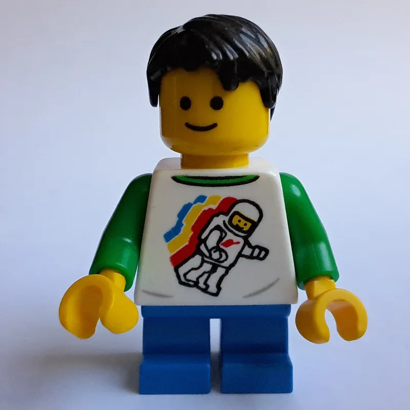 White Torso with Space Figure, Blue Legs, Black Hair