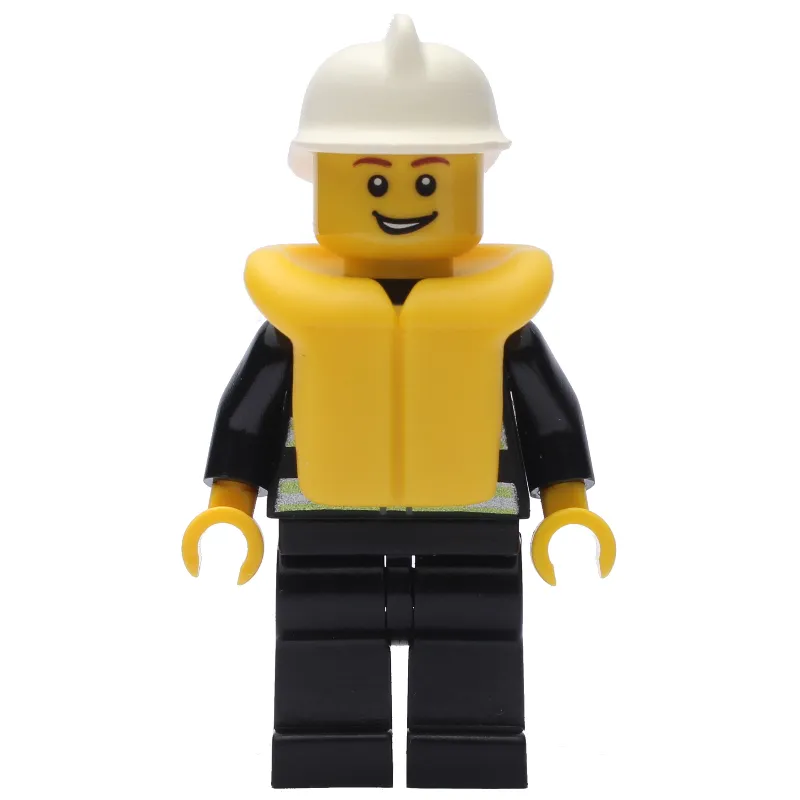Fireman, Black Fire Jacket with Reflective Stripes, Radio, and Badge, White Helmet, Yellow Life Vest 2610, Open Mouth