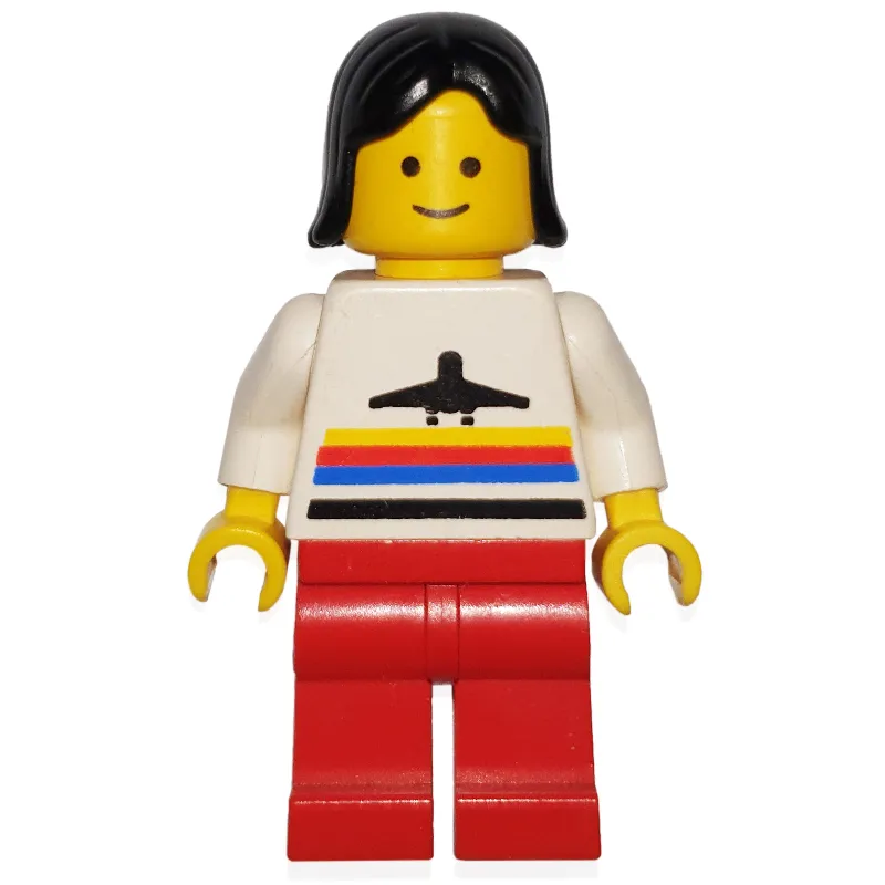 Woman, White Shirt with Airplane, Red Legs, Black Hair