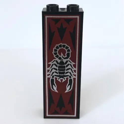 Brick 1 x 2 x 5 with Blocked Open Studs and Bottom Stud Holder with Scorpion and Dark Red Print