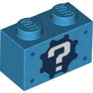 Brick 1 x 2 with '?' on Gear Background and Blue Spots Print