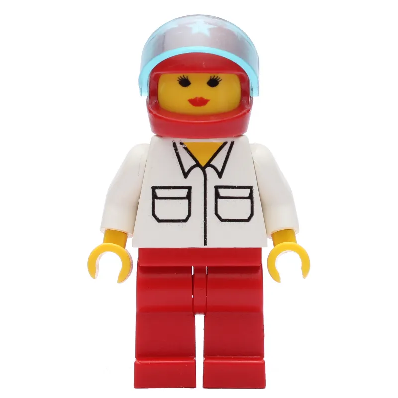 Woman, White Shirt with Pockets, Red Legs, Red Helmet with Stars and Visor