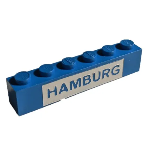 Brick 1 x 6 without Bottom Tubes with Cross Side Supports with Blue on White 'HAMBURG' print