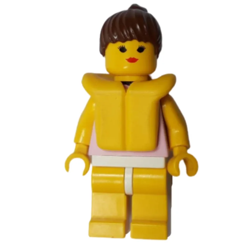 Woman, Pink Swimsuit with Lace Collar, Yellow Life Vest, Brown Hair