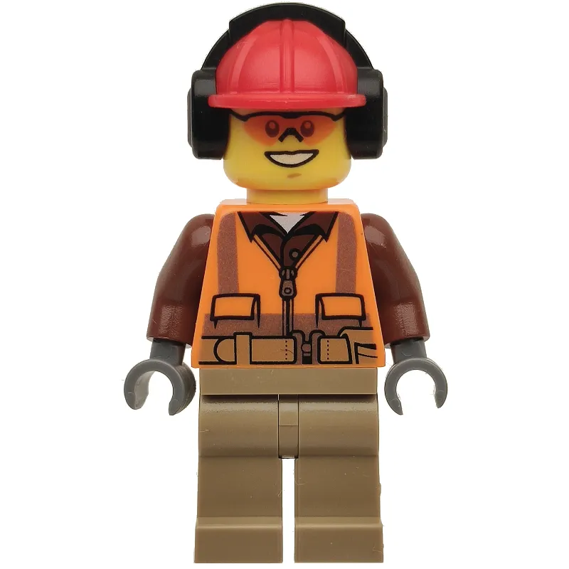 Construction Worker, Orange Safety Vest with Zipper over Reddish Brown Shirt, Dark Tan Legs, Red Hard Hat with Ear Defenders, Orange Safety Glasses