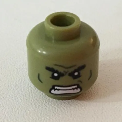 Minifig Head Hulk, Dual Sided, Bushy Eyebrows, Dark Green Lines, Raging / Scowl Print [Hollow Stud]