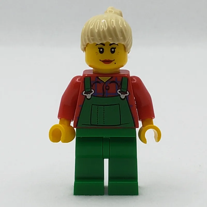 Woman, Green Overalls over Red Plaid Shirt, Tan Ponytail