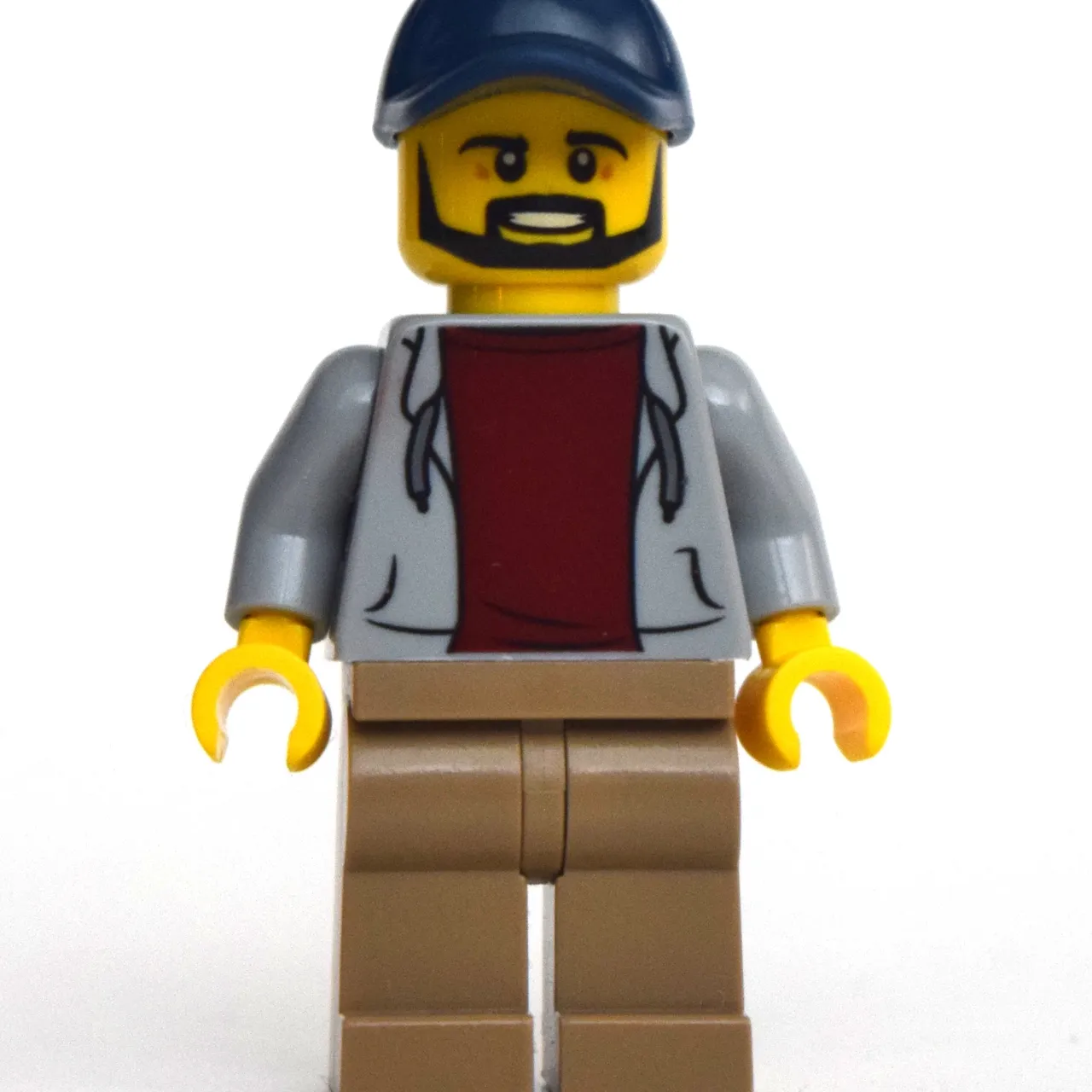 Man, Light Bluish Gray Open Hoodie, Dark Tan Legs, Dark Blue Cap, Beard