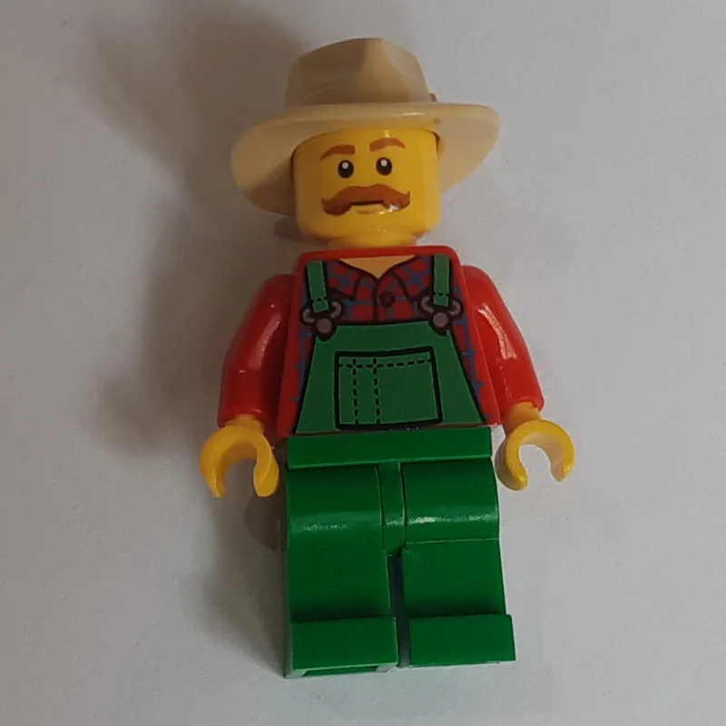 Man, Green Overalls over Red Shirt, Tan Wide Brim Hat