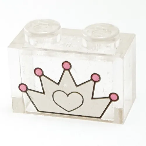 Brick 1 x 2 without Bottom Tube and White / Dark Pink 5-point Crown Print
