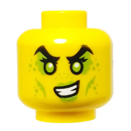 Minifig Head Tox, High Black Eyebrows, Lime Eyes, Markings, Crooked Smile print