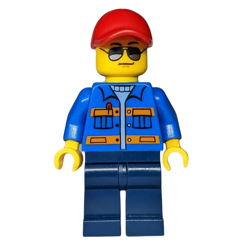 Man, Blue Jacket with Orange Stripes, Dark Blue Legs, Red Cap, Sunglasses