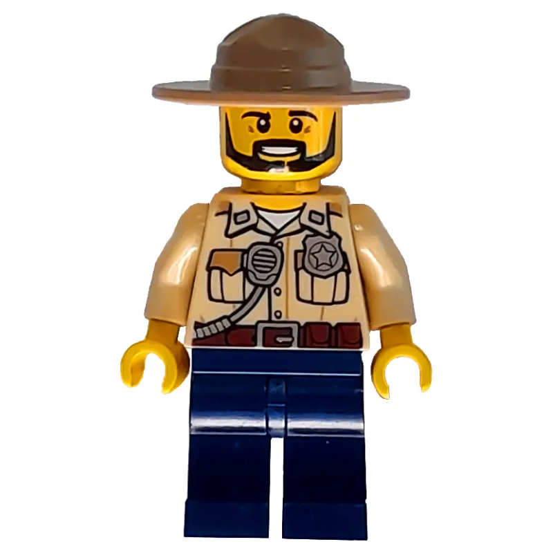Swamp Police / Ranger, Tan Shirt with Badge and Radio, Dark Blue Legs, Dark Tan Campaign Hat, Beard