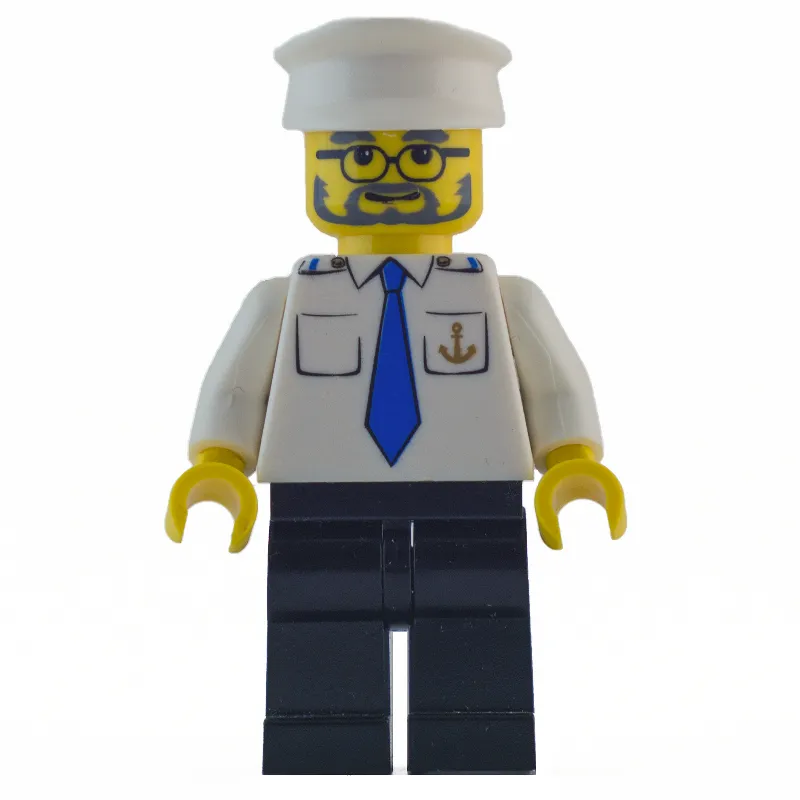 Ship Captain, White Shirt with Anchor and Tie, Black Legs, White Hat, Beard and Glasses