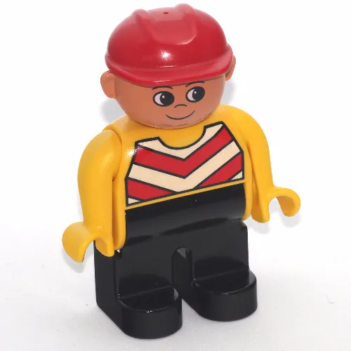 Duplo Figure, Early, Hard Hat Red, Black Legs, Chevron Vest, Yellow Arms Print