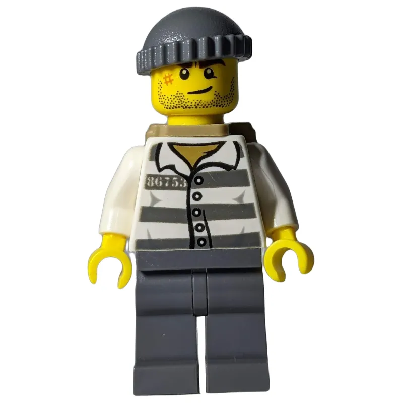 Criminal, Prison Shirt with #86753, Dark Bluish Gray Legs, Dark Bluish Gray Hat, Dark Tan Backpack, Stubble