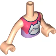 Minidoll Torso Girl with Coral/Lavender Top, White Cat Print, Light Nougat Arms with Hands