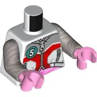 Torso, Jacket, Zipper, Light Bluish Grey/Red Shapes, Dark Turquoise Circle with White '5', Bright Pink Stomach print, Flat Silver Arms, Bright Pink Hands