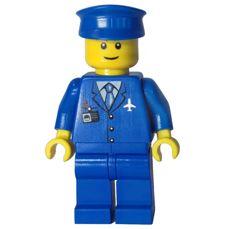 Pilot, Blue Jacket with Plane Logo and Blue Tie, Blue Legs, Blue Hat, Smile, Black Eyebrows