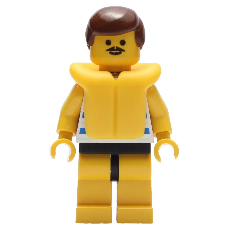 Man, Blue and White Striped Swimsuit, Brown Hair, Yellow Life Vest, Moustache