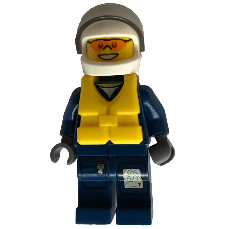 Policeman, Dark Blue Jacket with Pockets and Badge, White Helmet with Visor, Yellow Life Vest, Orange Sunglasses