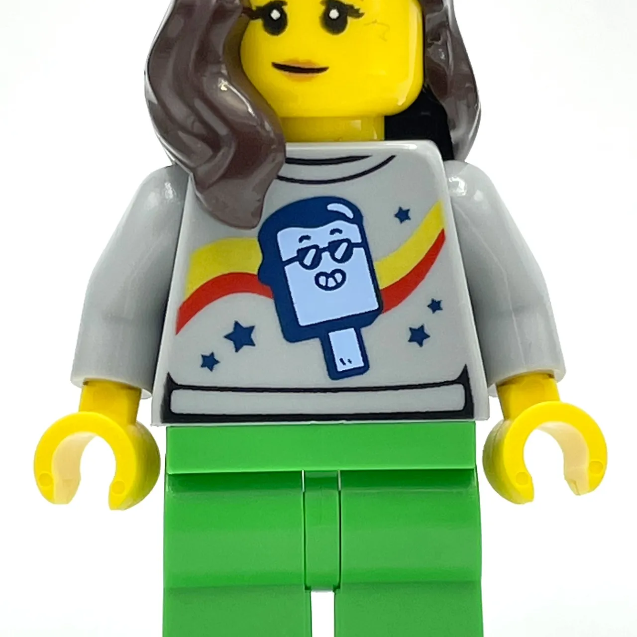 Light Bluish Grey Torso, Bright Green Legs, Dark Brown Hair