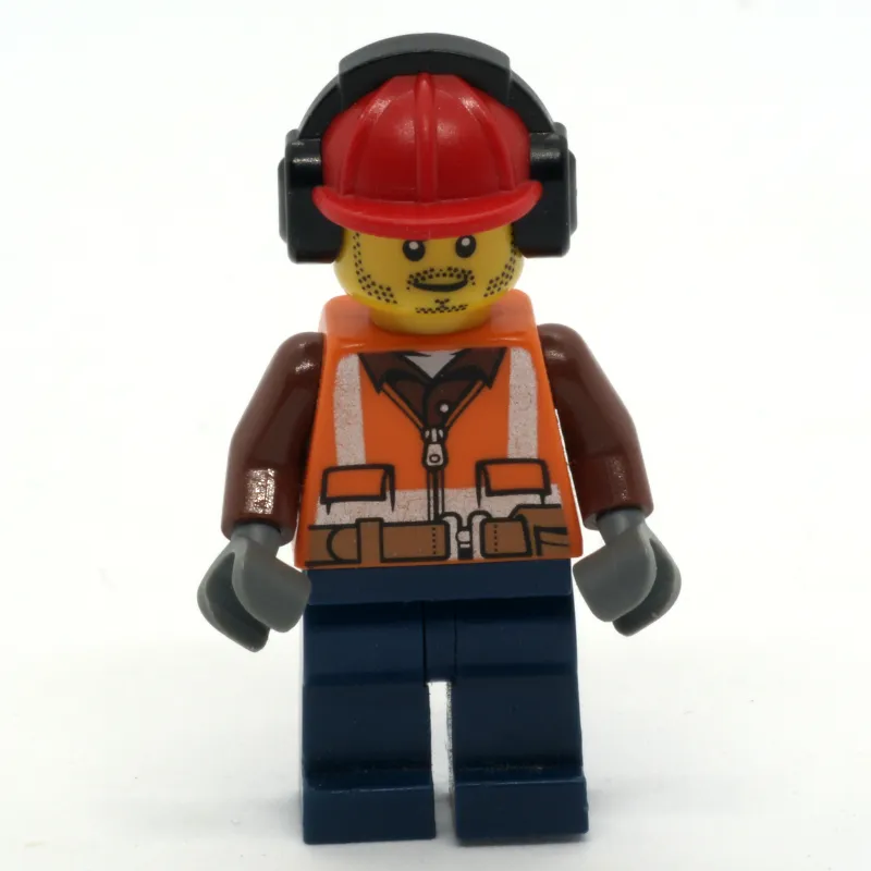 Construction Worker, Orange Safety Vest with Zipper and Pockets, Red Hard Hat with Ear Defenders, Stubble