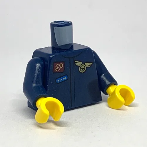 Torso Flight Suit with Blue Badge, 'JP', and Pilot Badge / Plane Propeller on Back Print, Dark Blue Arms, Yellow Hands