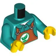 Torso Shirt, under Dark Orange Apron, Green Leaf Symbol print, Dark Turquoise Arms, Yellow Hands