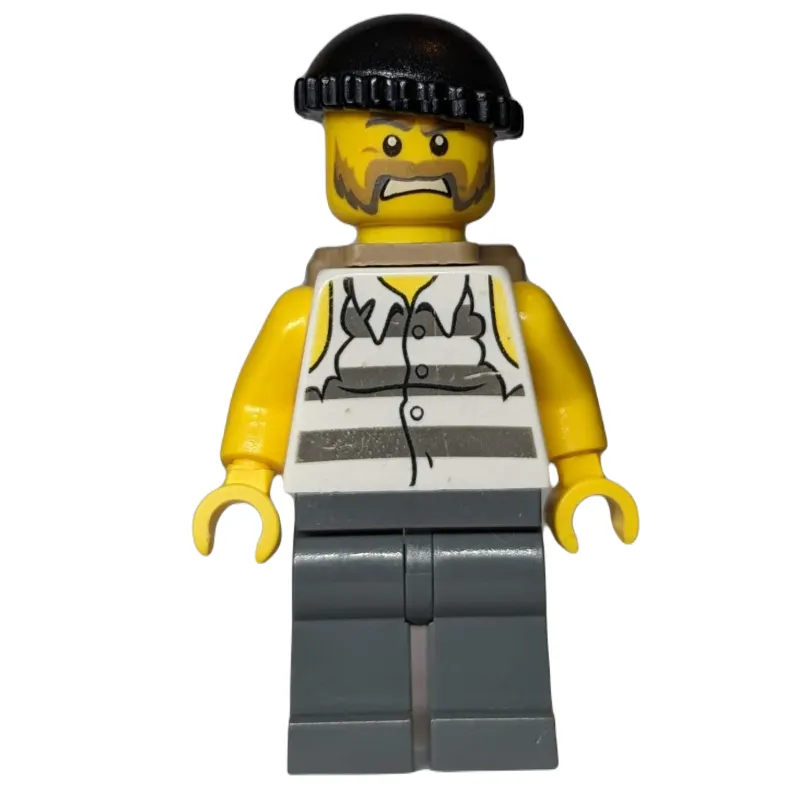 Criminal, Torn Prison Shirt, Dark Bluish Gray Legs, Black Hat, Dark Tan Backpack Beard