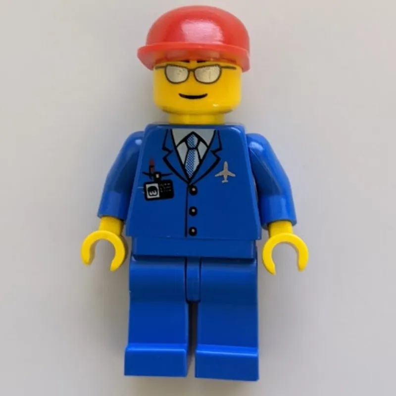 Pilot, Blue Jacket with Plane Logo and Blue Tie, Red Cap, Sunglasses