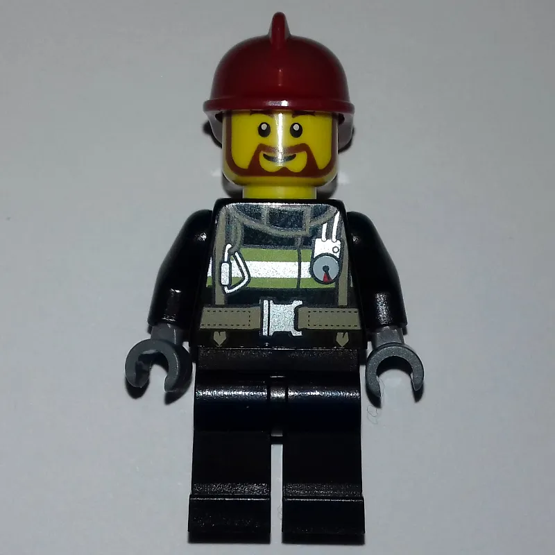 Fireman, Black Fire Suit with Gauge and Straps, Black Legs, Dark Red Helmet, Beard