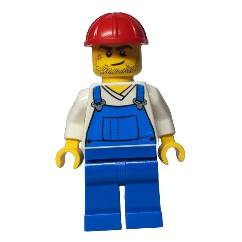 Man, Blue Overalls over White V-Neck Shirt, Red Hard Hat, Stubble and Scar (3626c Head)