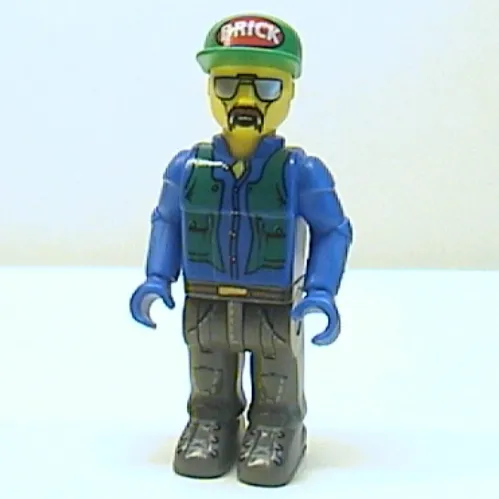 Juniors Minifig, Construction Worker - Blue Shirt, Green Vest, Cap with 'Brick', Sunglasses and Moustache