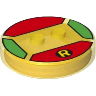 Function Brick Round 4 x 4 x 2/3 with 2 Studs and Yellow 'R' Logo on Red Background Print