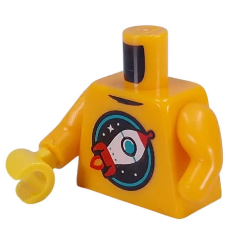 Torso, Retro Rocket on Black Background, Star, Dark Turquoise Circle print, Left Limb Reduction, Bright Light Orange Arms, Yellow Hand