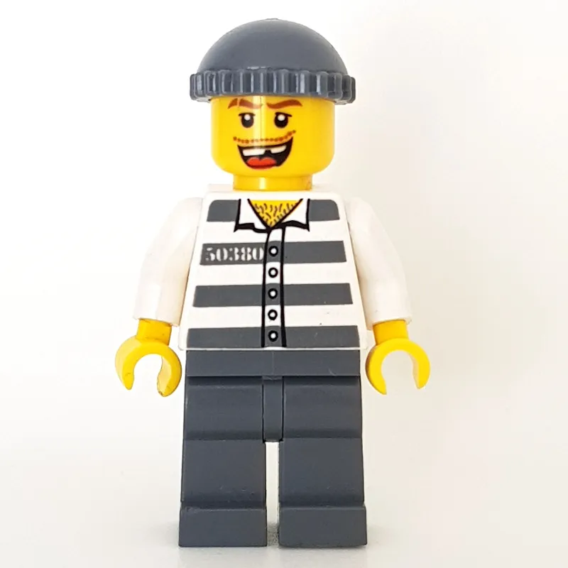 Criminal, Prison Shirt with #50380, Dark Bluish Gray Legs, Dark Bluish Gray Hat, Missing Tooth