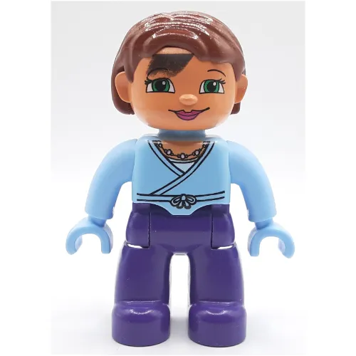 Duplo Figure Bob / Pageboy Hair Reddish Brown, with Dark Purple Legs, Light Blue Wrap Top with Necklace, Light Blue Hands
